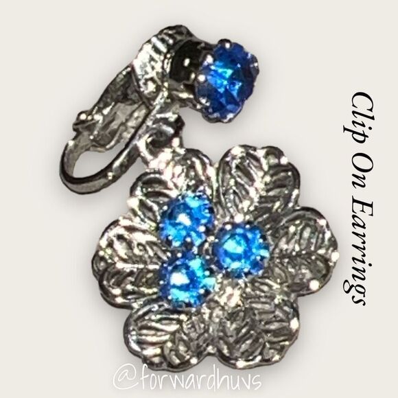 Vintage Silvertone Clip-On Earrings with Blue Rhinestones - Picture 5 of 7